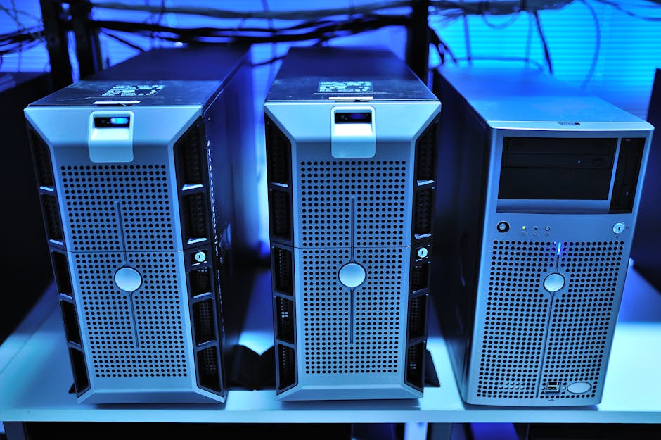 Image shows a close-up view of modern rack-mounted server units Image shows a close-up view of modern rack-mounted server units